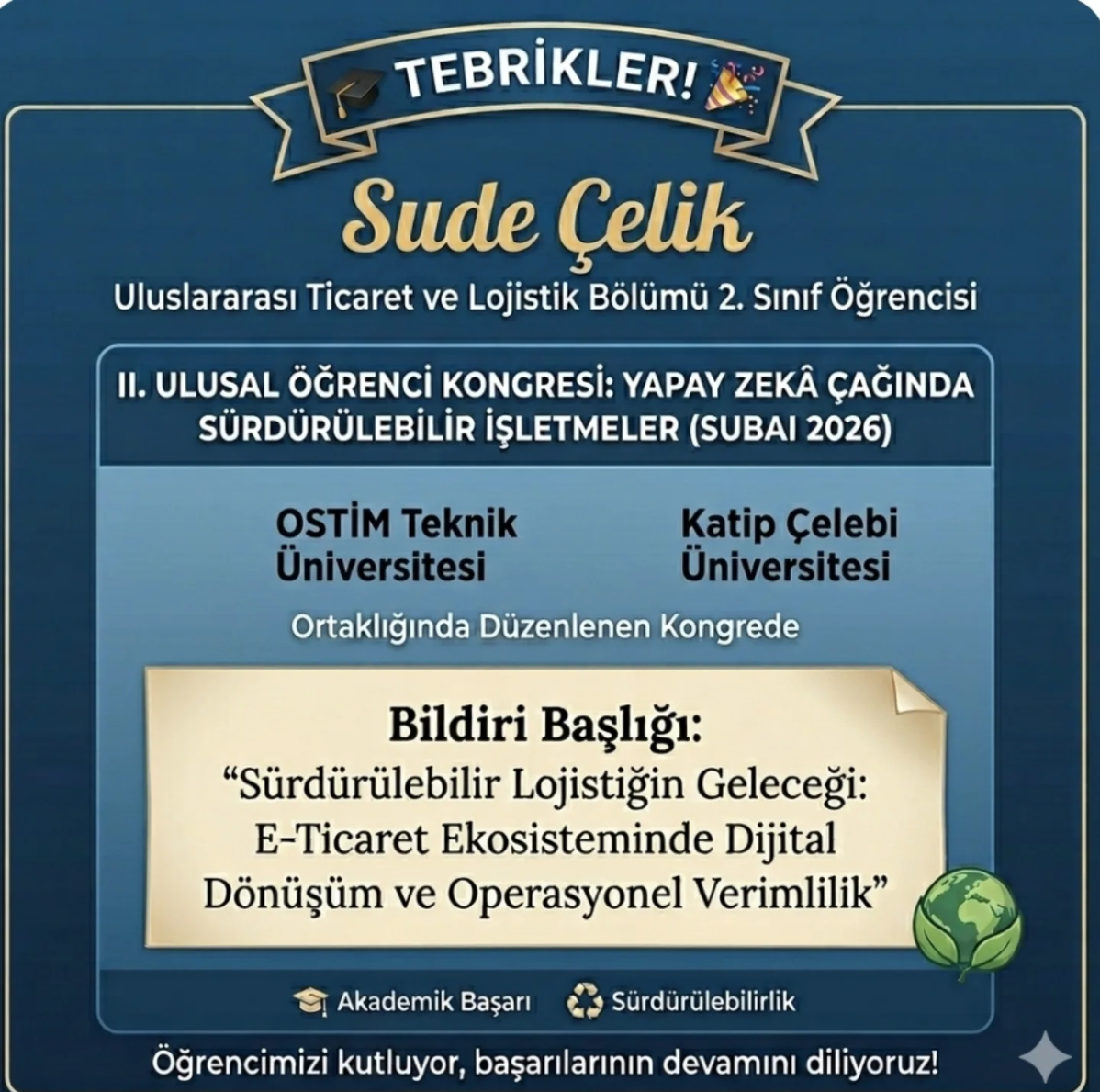 Fakültemiz Uluslararası Ticaret ve Lojistik Bölümü Öğrencimiz Sude Çelik’ten Ulusal Kongre Başarısı